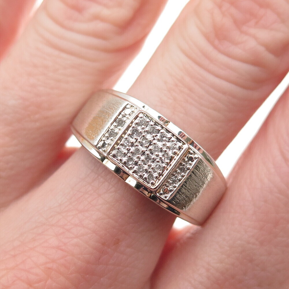 925 Sterling Silver Real Round-Cut Diamond Signet Ring Size 10.25